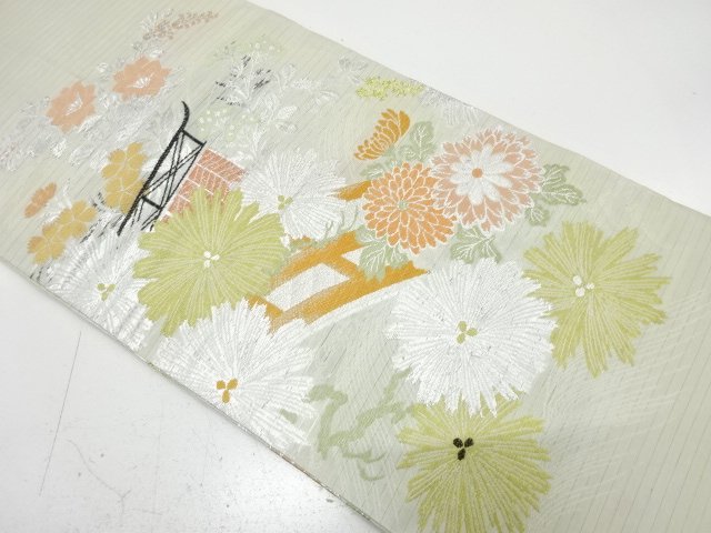 JAPANESE KIMONO / ANTIQUE MARU OBI FOR SUMMER / WOVEN BRIDGE & KIKU & AUTUMN PLANTS